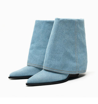 Pointed toe ankle boots in washed denim