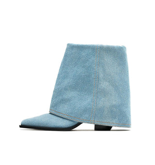 Pointed toe ankle boots in washed denim