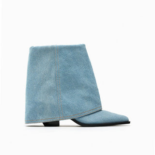 Pointed toe ankle boots in washed denim