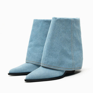 Pointed toe ankle boots in washed denim