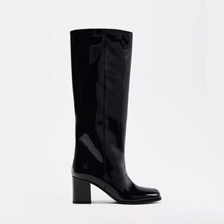 High-heeled over the knee semi patent boot