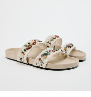 Thick-soled beaded woven flip flops