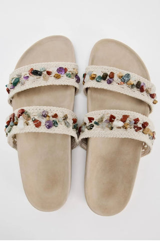 Thick-soled beaded woven flip flops