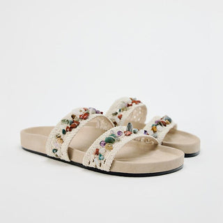 Thick-soled beaded woven flip flops