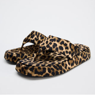 Leopard print platform thick-soled flip-flops