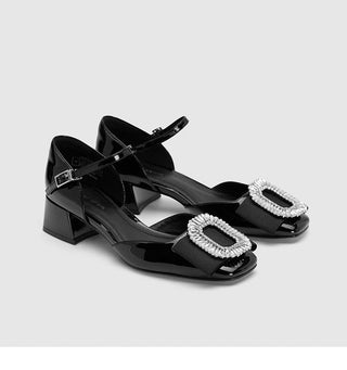 Patent leather rhinestone buckle strap sandals