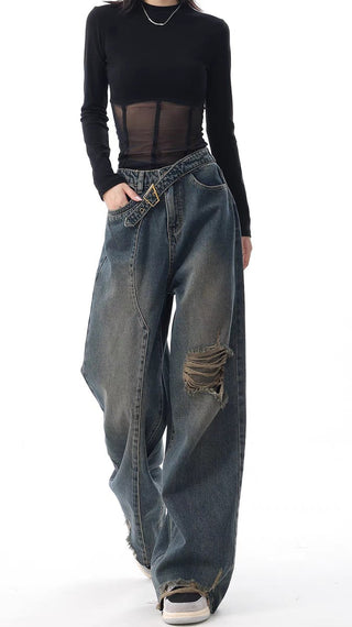 High-waist torn detail Vintage-wash Jeans