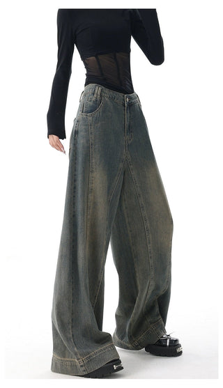 High-waist Wide-leg Vintage-wash Jeans