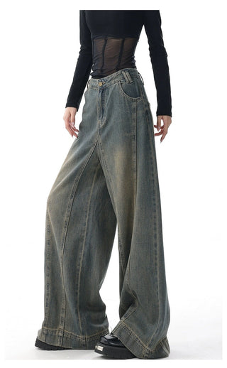 High-waist Wide-leg Vintage-wash Jeans