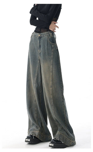 High-waist Wide-leg Vintage-wash Jeans