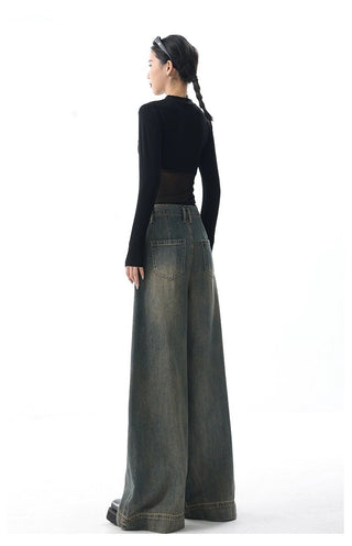 High-waist Wide-leg Vintage-wash Jeans