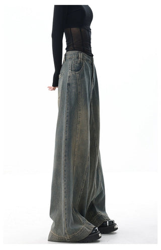 High-waist Wide-leg Vintage-wash Jeans