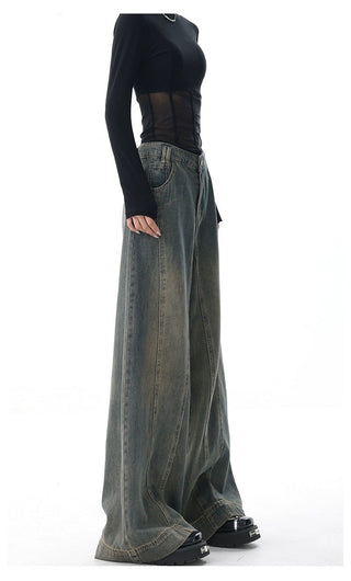 High-waist Wide-leg Vintage-wash Jeans