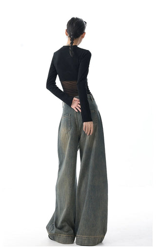 High-waist Wide-leg Vintage-wash Jeans