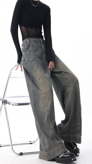 High-waist Wide-leg Vintage-wash Jeans