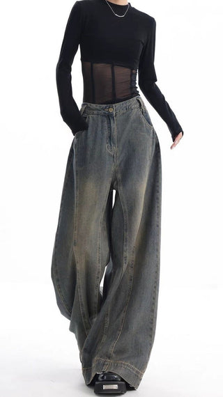 High-waist Wide-leg Vintage-wash Jeans