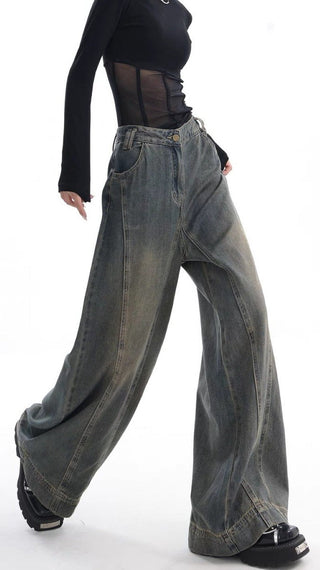 High-waist Wide-leg Vintage-wash Jeans