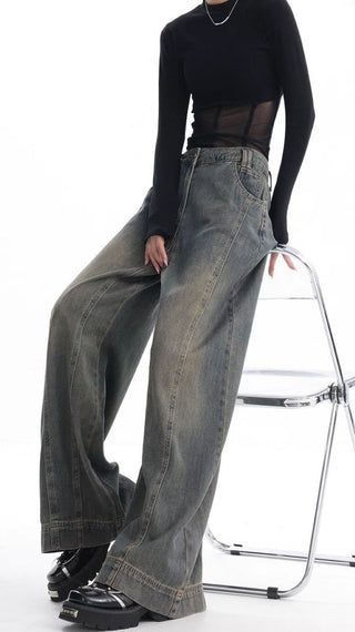 High-waist Wide-leg Vintage-wash Jeans