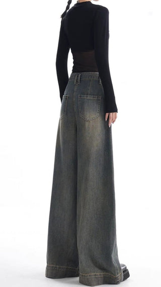 High-waist Wide-leg Vintage-wash Jeans