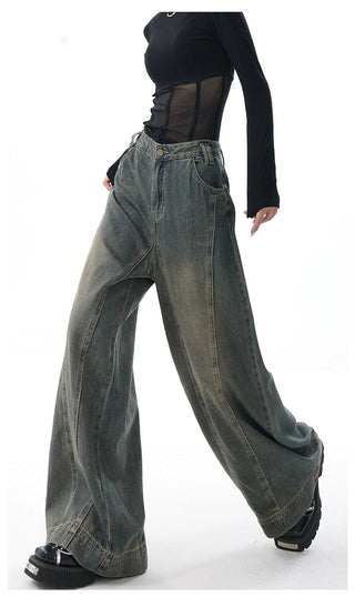 High-waist Wide-leg Vintage-wash Jeans