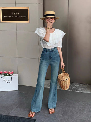 High-waisted micro flared light blue jeans