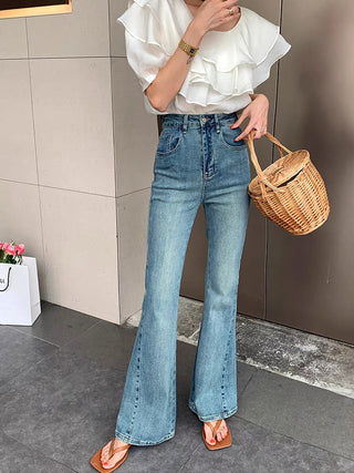 High-waisted micro flared light blue jeans