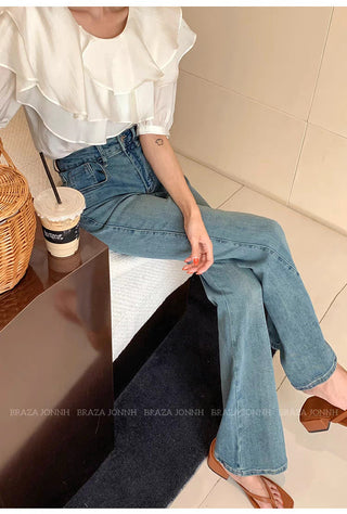 High-waisted micro flared light blue jeans