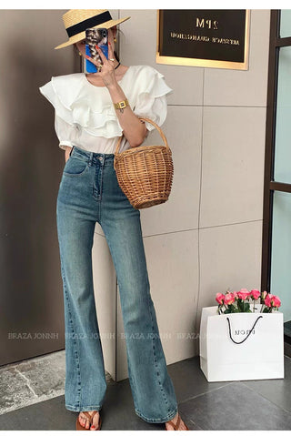 High-waisted micro flared light blue jeans