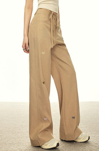 BOW EMBROIDERY WORK WEAR HIGH WAIST TROUSERS