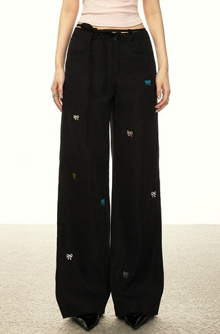 BOW EMBROIDERY WORK WEAR HIGH WAIST TROUSERS