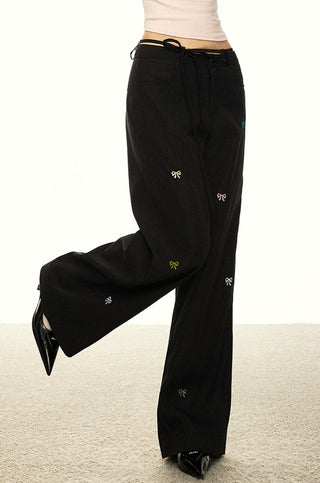 BOW EMBROIDERY WORK WEAR HIGH WAIST TROUSERS