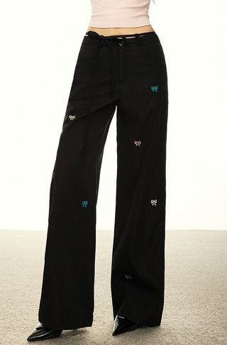 BOW EMBROIDERY WORK WEAR HIGH WAIST TROUSERS