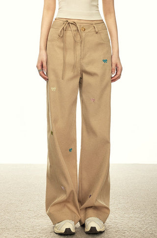 BOW EMBROIDERY WORK WEAR HIGH WAIST TROUSERS