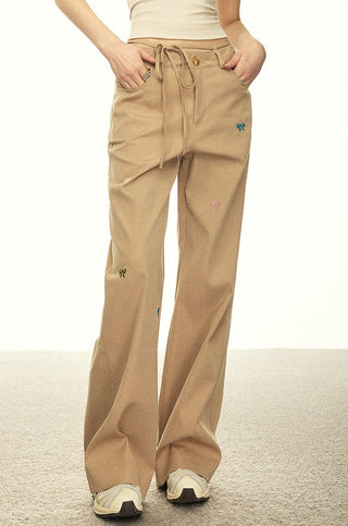 BOW EMBROIDERY WORK WEAR HIGH WAIST TROUSERS