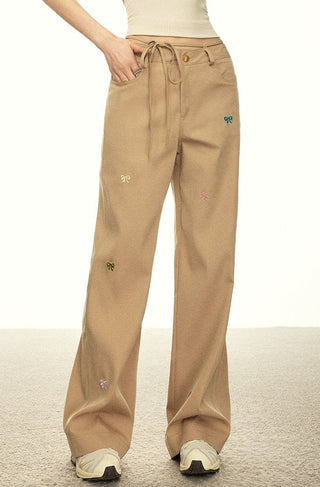 BOW EMBROIDERY WORK WEAR HIGH WAIST TROUSERS