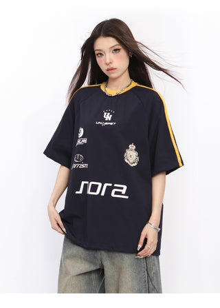 Striped printed raglan sleeve sports jersey