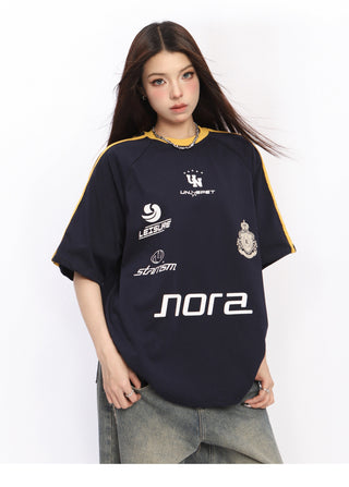 Striped printed raglan sleeve sports jersey