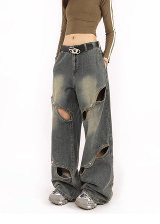 Distressed metal button wide-leg  jeans