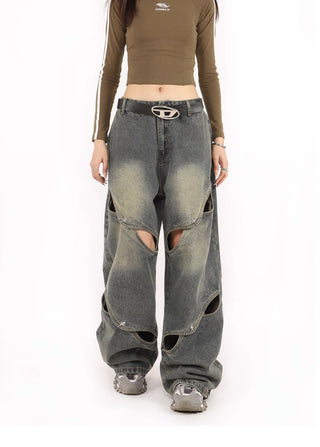 Distressed metal button wide-leg  jeans