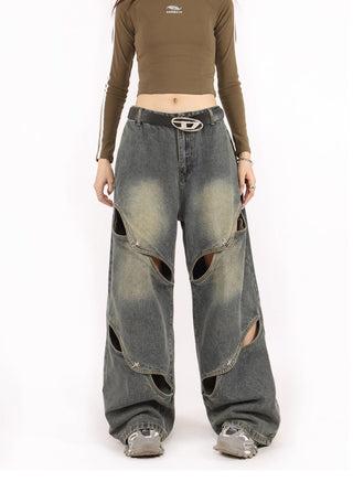 Distressed metal button wide-leg  jeans