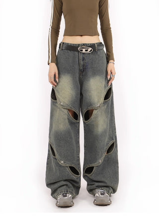 Distressed metal button wide-leg  jeans