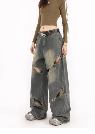 Distressed metal button wide-leg  jeans