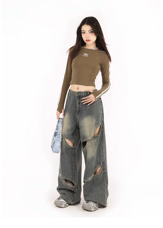 Distressed metal button wide-leg  jeans