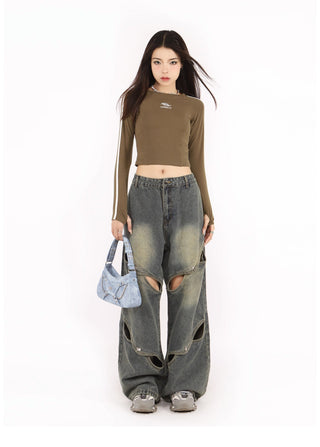 Distressed metal button wide-leg  jeans