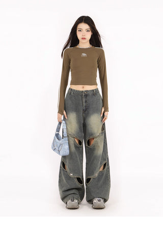 Distressed metal button wide-leg  jeans