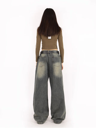 Distressed metal button wide-leg  jeans