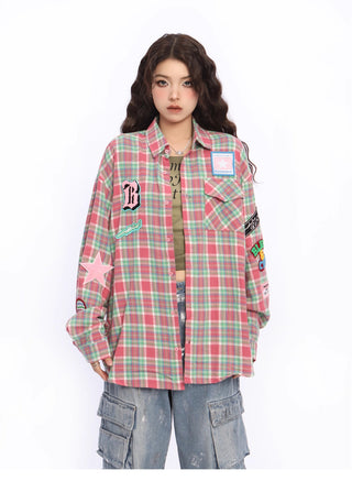 Embroidered plaid thin overshirt