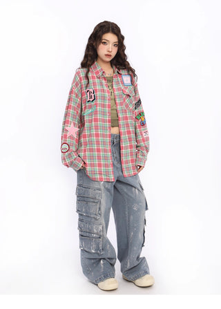 Embroidered plaid thin overshirt