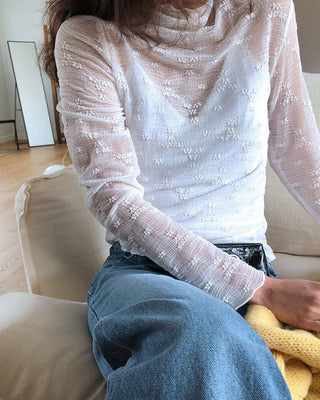 High collar lace long-sleeved top