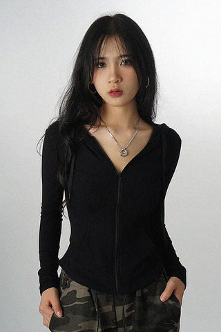 knitted slim hooded jacket